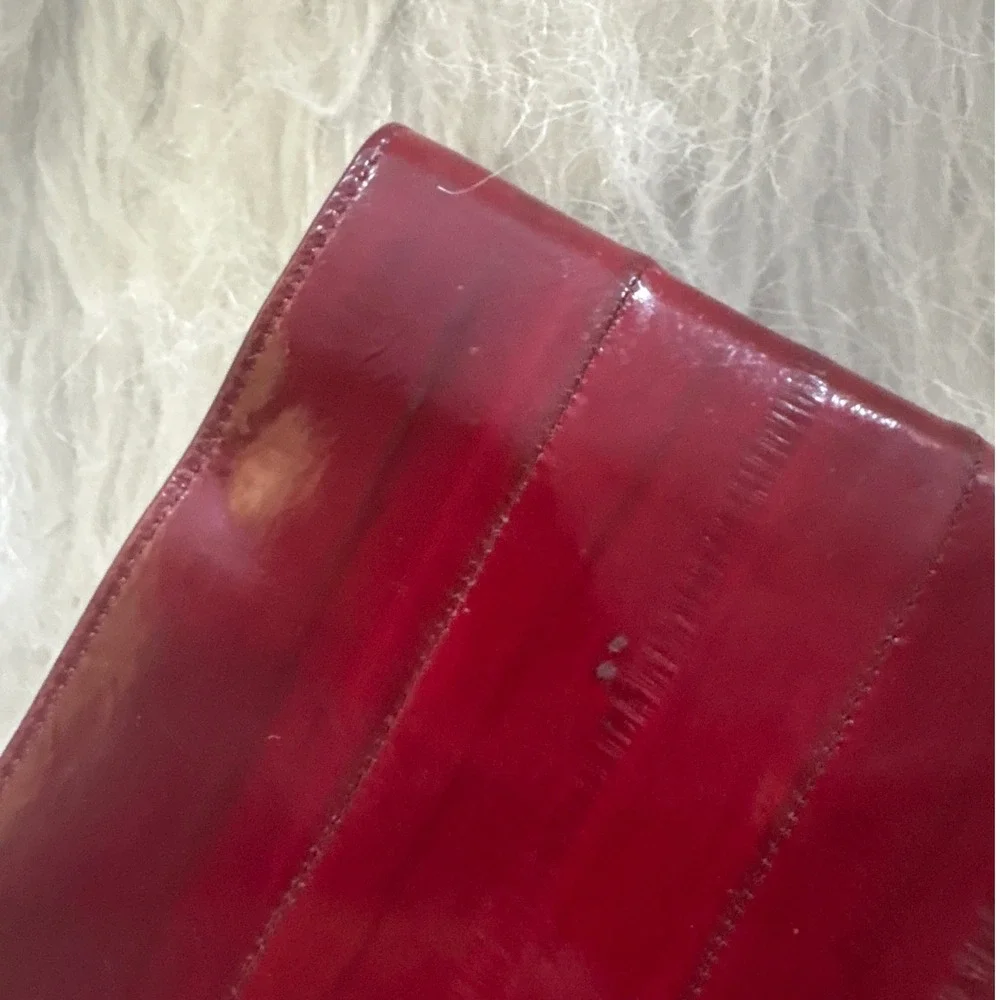 Vintage Genuine Eel Skin Bifold Wallet Burgundy Red Exotic Leather Glossy Slim